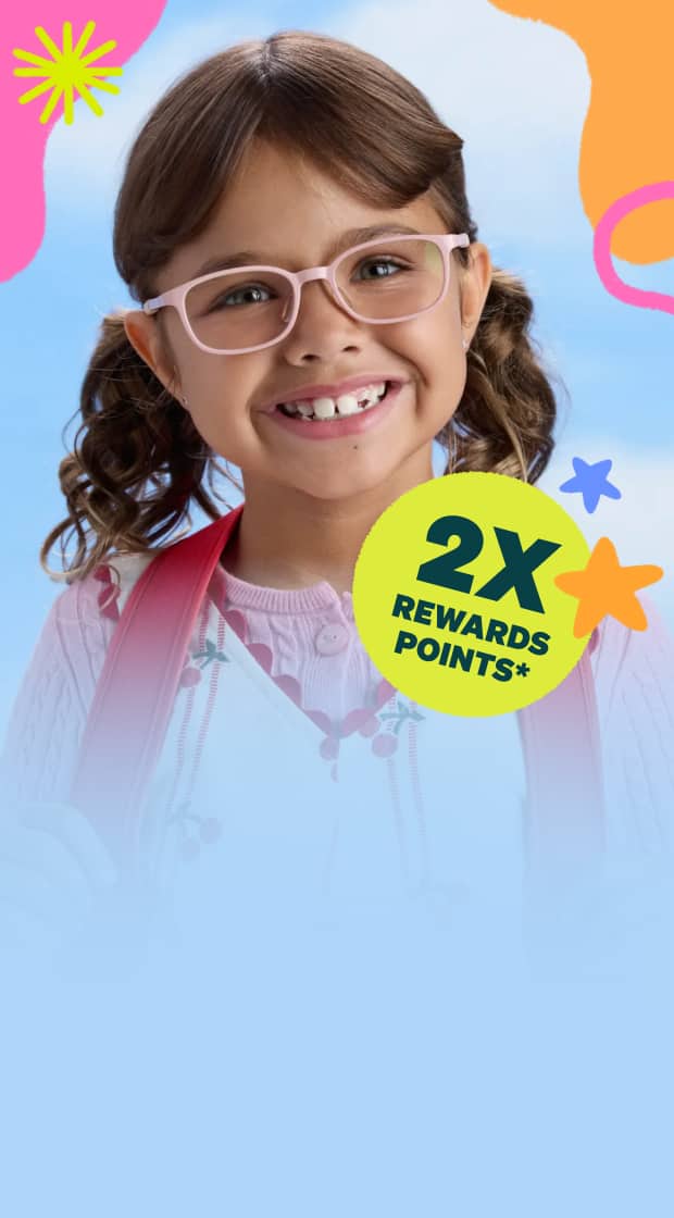 Smiling young girl with pigtails wearing light pink eyeglasses against a blue sky background, featured alongside a yellow badge reading "2X POINTS REWARDS*".