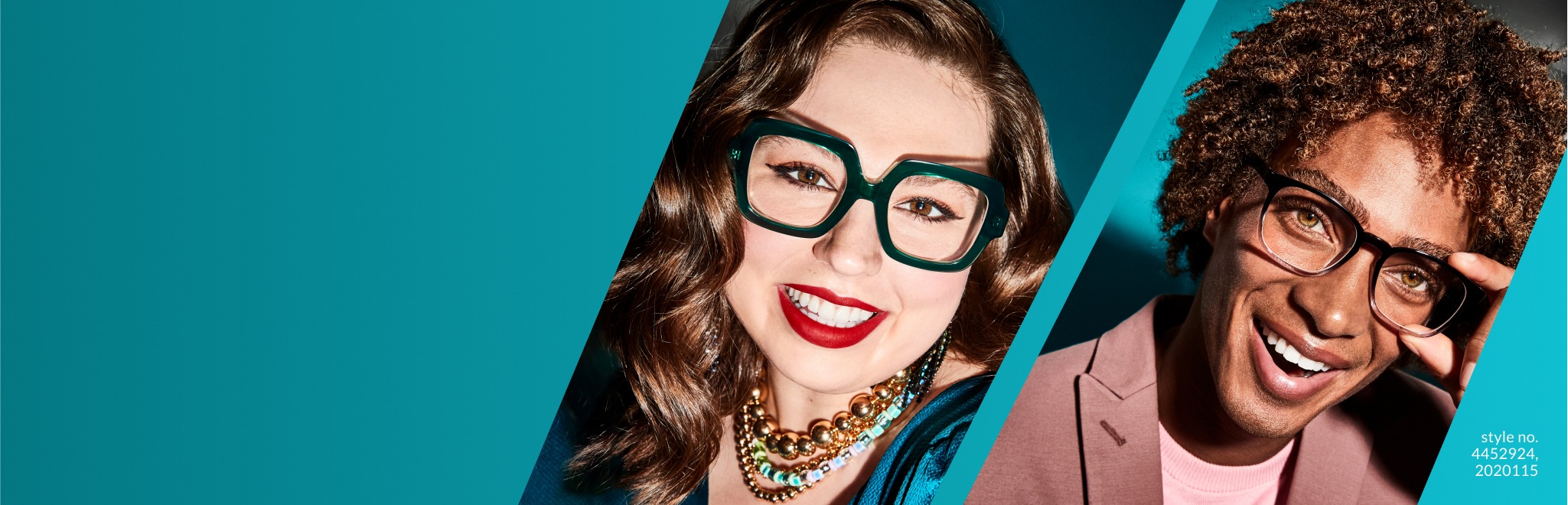 Woman in festive attire wears emerald Good to Be Square glasses #4452924 from the Iris Apfel x Zenni collection and man in casual suit wears ombre square glasses #2020115.