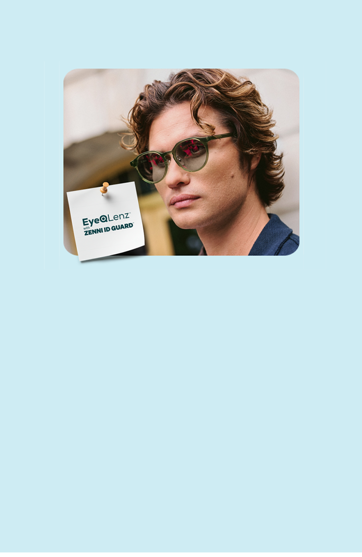 Chase Stokes wears Zenni frames featuring EyeQLenz with Zenni ID Guard lenses in an outdoor scene.