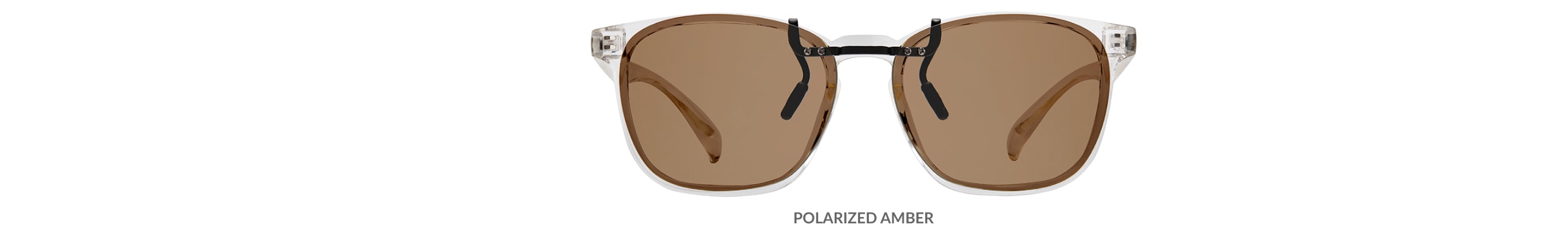 Custom clip-ons. Our polarized custom clip-ons reduce glare and are available for almost any frame. Each clip-on is specially cut to fit the frame with prices starting at just $3.95  (Compare to $50). Zenni square glasses #2020123 in clear, shown with amber polarized custom clip-on.
