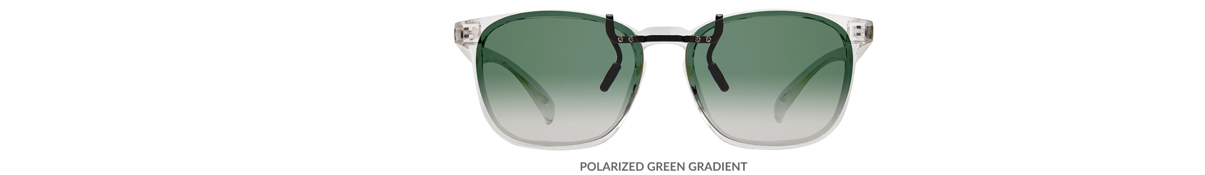Custom clip-ons. Our polarized custom clip-ons reduce glare and are available for almost any frame. Each clip-on is specially cut to fit the frame with prices starting at just $3.95  (Compare to $50). Zenni square glasses #2020123 in clear, shown with gradient green polarized custom clip-on.