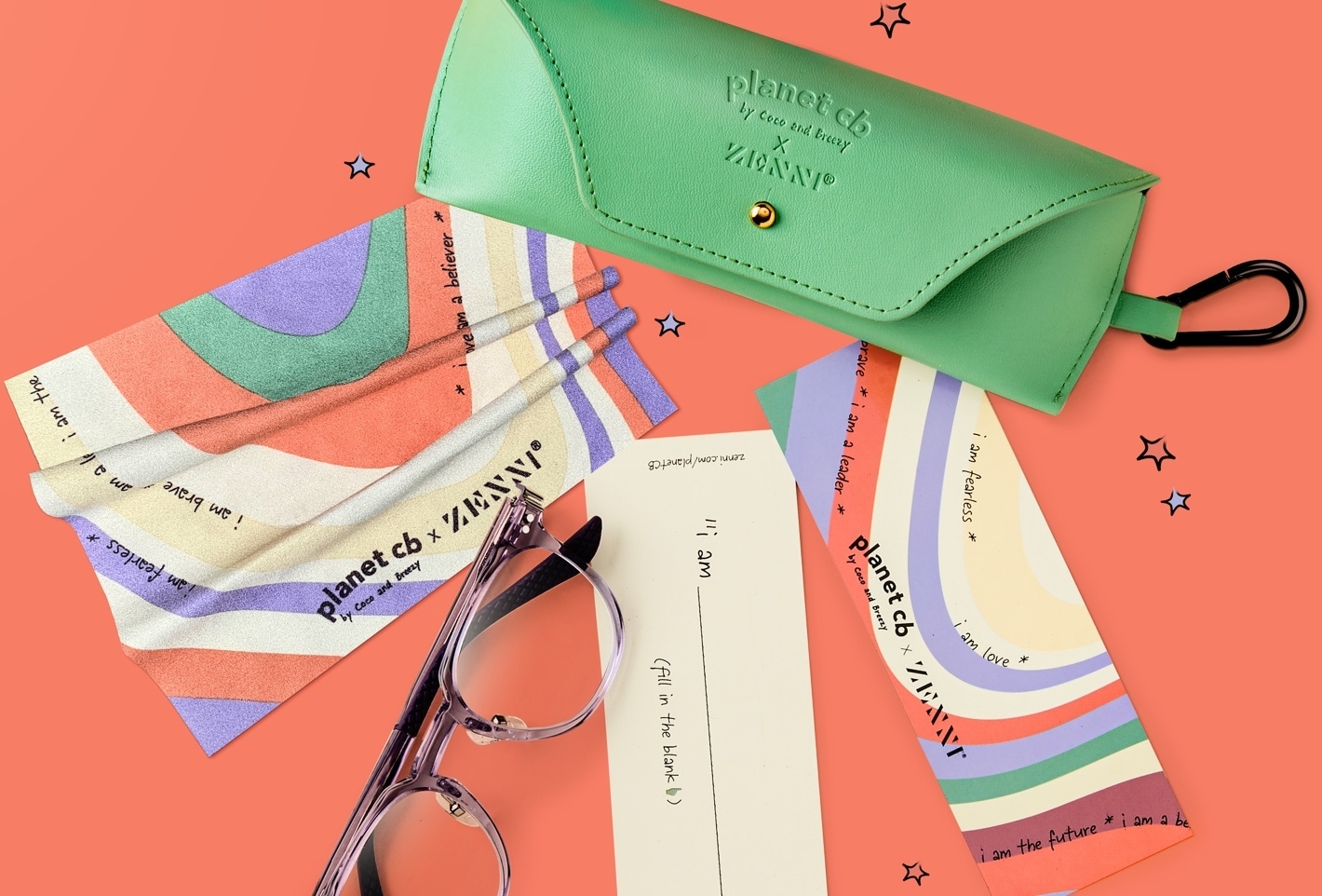 Exclusive gift! Each planet cb purchase comes with a deluxe case, cloth, and bookmark. Image of Zenni glasses along with branded bookmarks, cleaning cloth, and glasses case.