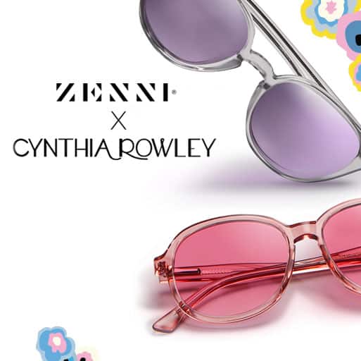 Zenni x Cynthia Rowley Collection Poppy frame #4445719 in petal shown with rose fashion tint and Iris frame #4446412 in mist shown with lavender mirror tint.
