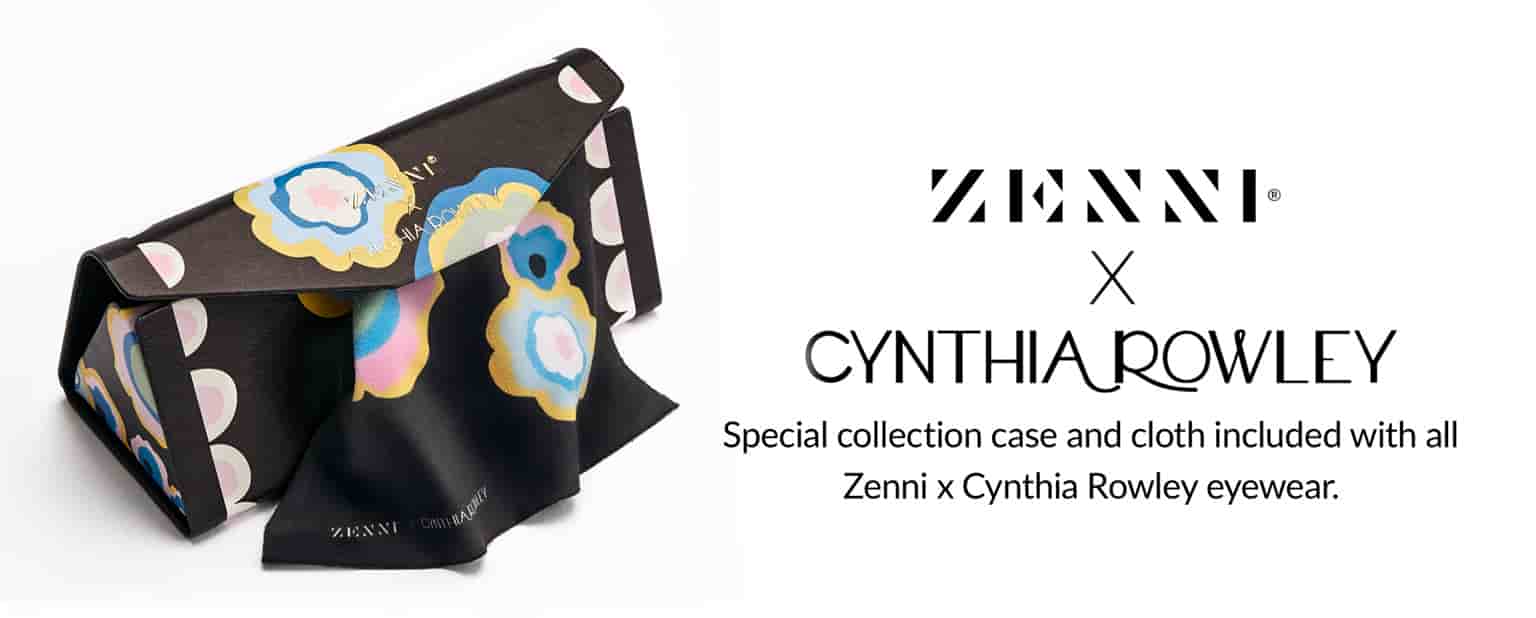 Zenni x Cynthia Rowley Collection deluxe tri-fold case and cloth #A90100739 in black with whimsical floral pattern.