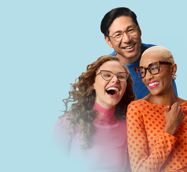 Three smiling models wearing Zenni glasses in different styles against a light teal backdrop.