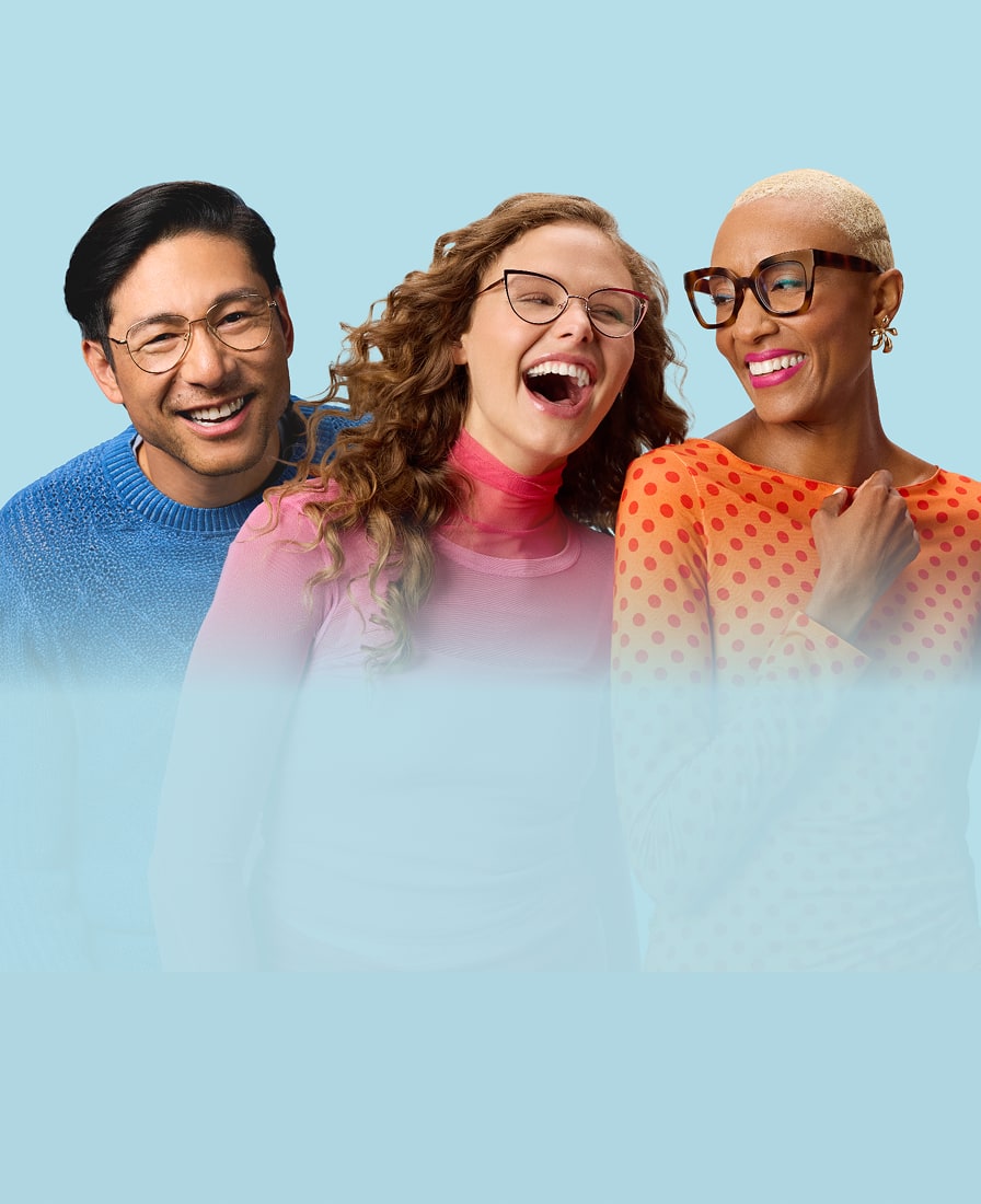 Three smiling models wearing Zenni glasses in different styles against a sunset-toned backdrop.