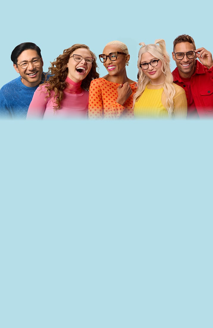 Five smiling models wearing Zenni glasses in different styles against a light blue backdrop.