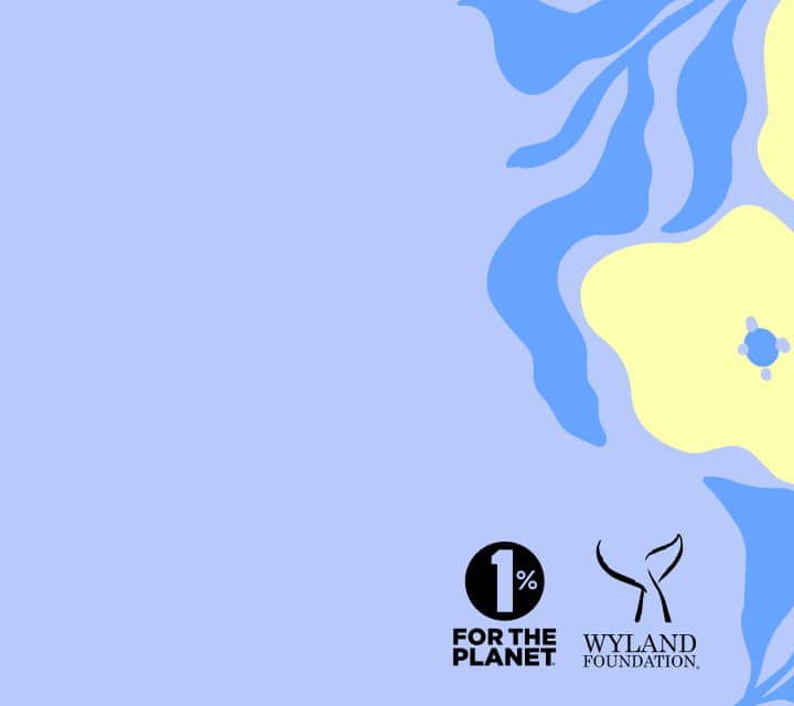 An abstract flower-themed design graphic for EcoBloomz eyeglasses with the message 'Look Good, Do Good,' highlighting ocean conservation and partnership with 1% for the Planet and Wyland Foundation.