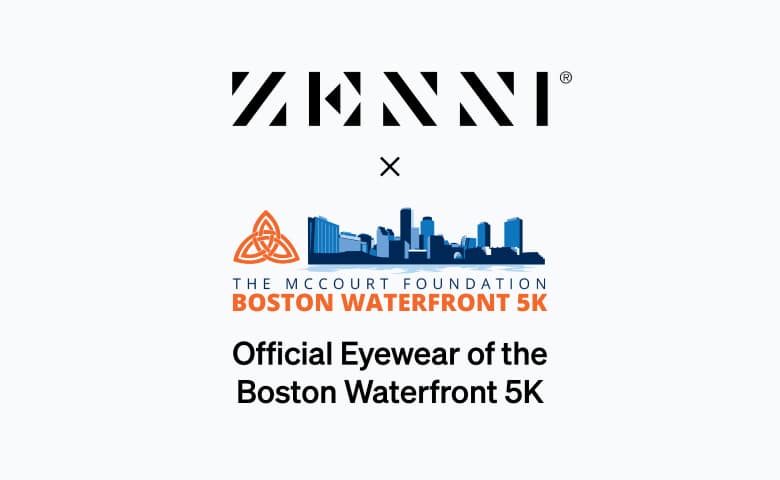 The Zenni logo and the McCourt Foundation Boston Waterfront 5k logo (sitting under the company’s Triangle symbol and a stylized illustration of the Boston skyline overlooking the harbor) on a white background.
