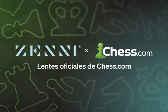 El logo de Zenni y el logo de Chess.com (con un icono de peón) sobre un fondo negro.