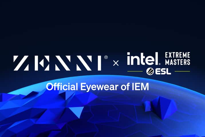 The Zenni logo and the IEM logo (White letters above the ESL logomark), over a stylized illustration of the crest of a planetary shere against a darker blue background.