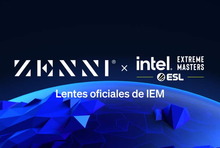 El logo de Zenni y el logo de IEM (letras blancas sobre la marca de ESL), sobre una ilustración estilizada del borde de una esfera planetaria contra un fondo azul oscuro.