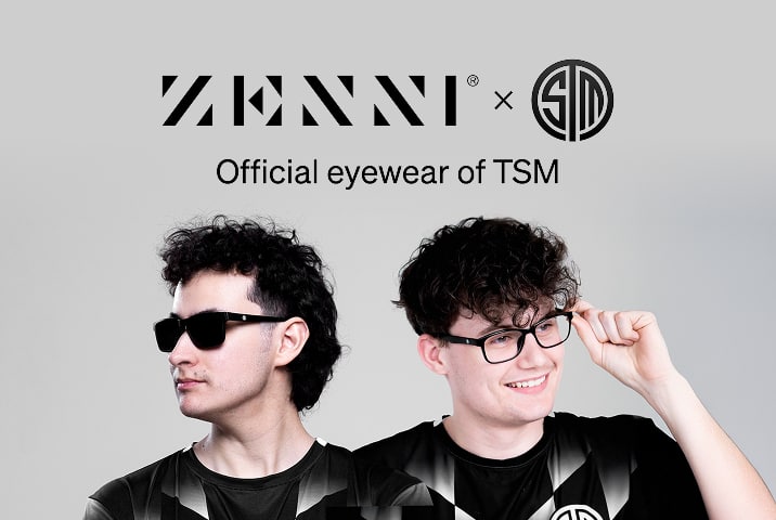 Zenni x TSM stylized logos over an image of two young men modeling both dark sunglasses and a clear lens frame, on a dark grey gradient background. Gent (Apex) and Superlachie (Rocket League)