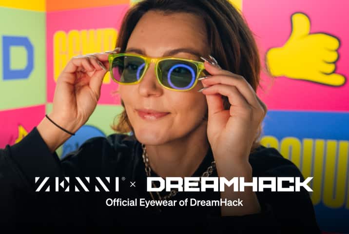 The Zenni logo and the DreamHack logo (stylized white type), next to a female model trying on a reflective pair of glasses in front of a brightly designed, branded background.