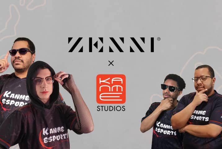 The Zenni logo and the Kanme Studios logo (White outlined stylized letters in an orange box above the word studios), between two sets of pro gamers cutout over a grey patterned background.