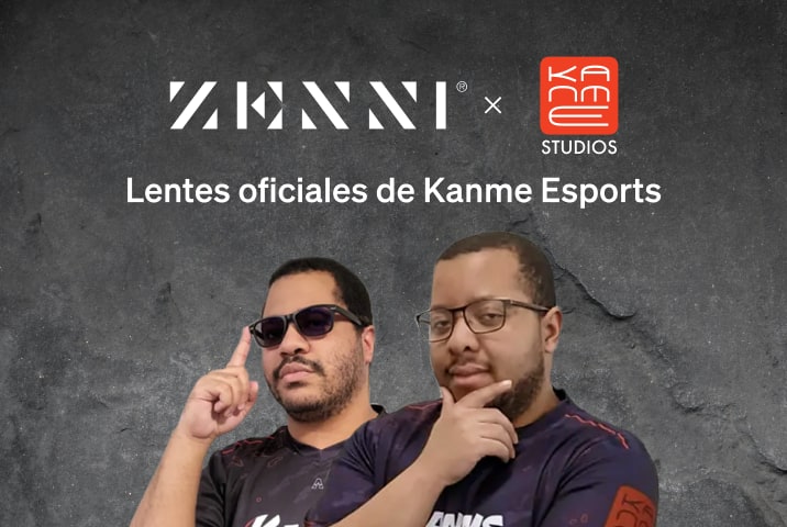 El logotipo de Zenni y el logotipo de Kanme (letras blancas estilizadas dentro de un recuadro rojo con la palabra "studios" debajo) sobre un fondo gris con textura, con imágenes de dos jugadores profesionales de Kanme a la derecha.