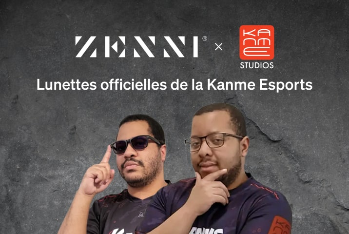 Le logo Zenni et le logo Kanme (lettres blanches stylisées dans un encadré rouge avec le mot « studios » en dessous) sur un fond gris texturé, avec des images de deux joueurs professionnels Kanme à droite.