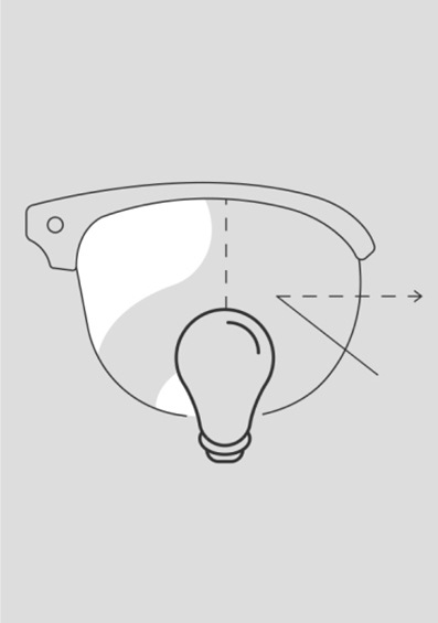 Sketch of a glasses lens with a dotted line down the middle with a light bulb in front of it. On one side, you can see the light reflection from the bulb, while on the other side, there is no reflection.