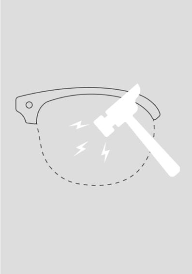 Sketch of a glasses lens being hit by a hammer, and not breaking.