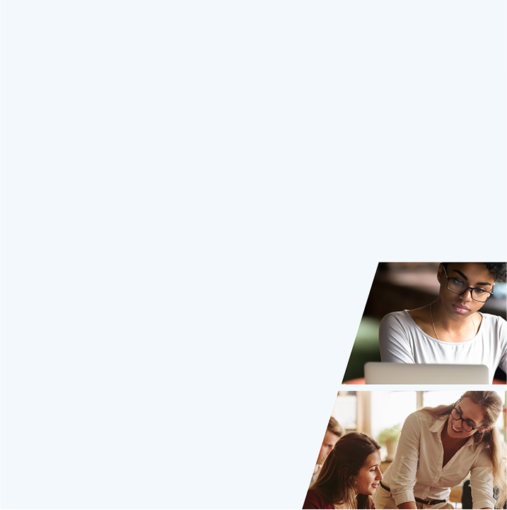 Top image of a black student behind a laptop wearing rectangle glasses, and bottom image of a teacher with glasses helping a student.