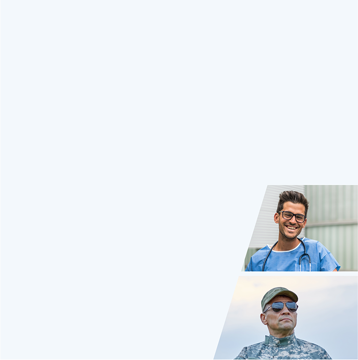 Top image of a doctor wearing square glasses, and bottom image of a military professional wearing aviator sunglasses.