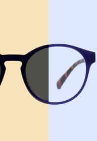 Photochromic lenses starting at $29 (compare to $199). An illustration of a Zenni keyhole frame showing the difference between sun-exposed lenses and lenses in their normal state.