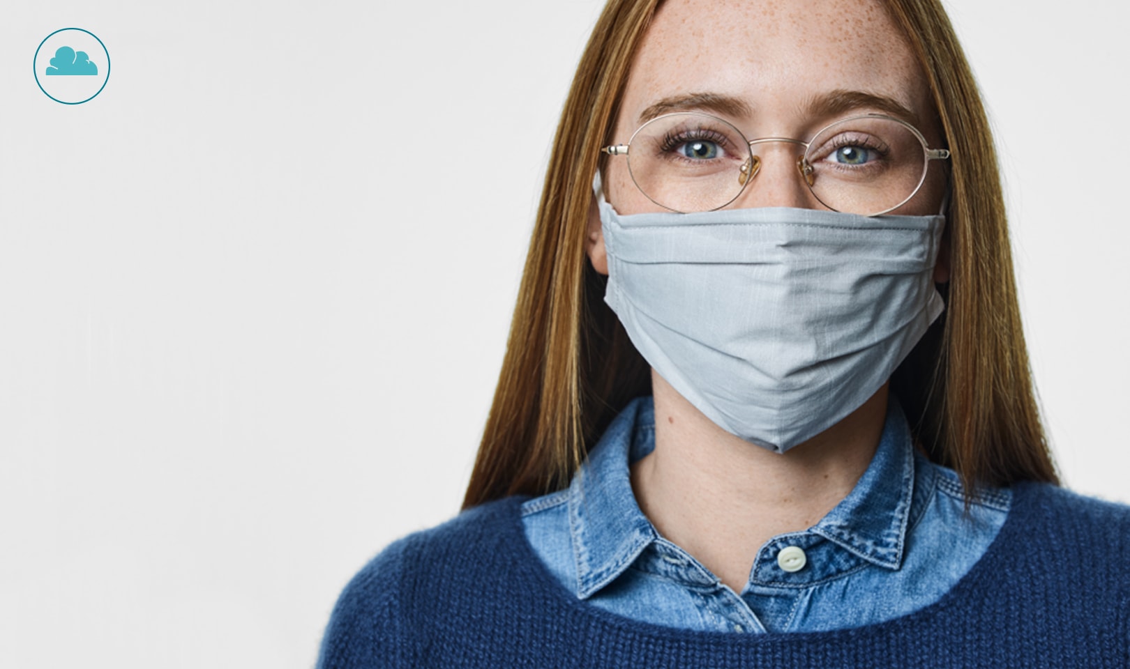 Image of an icon for a fog cloud. Image of a woman wearing face mask wearing round glasses.