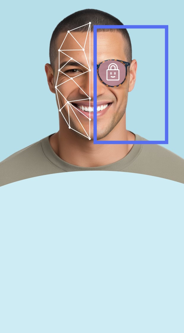Man wearing ½ pair of glasses with facial mapping lines and a lock icon over one lens to represent privacy protection.