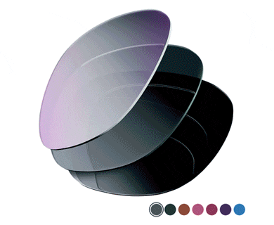 Three lenses overlapping, transitioning from clear to darker shades to demonstrate how the material adapts to light exposure.