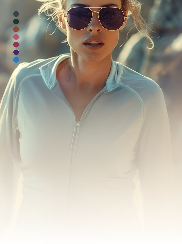 Young woman wearing stylish gold-framed aviator EyeQLenz™ frames, running on a mountainous trail on a sunny day, highlighting suitability for outdoor enthusiasts.