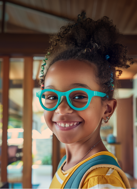 A smiling child with curly hair wearing teal Zenni glasses that have impact-resistant lenses to emphasize how they’re great for kids.