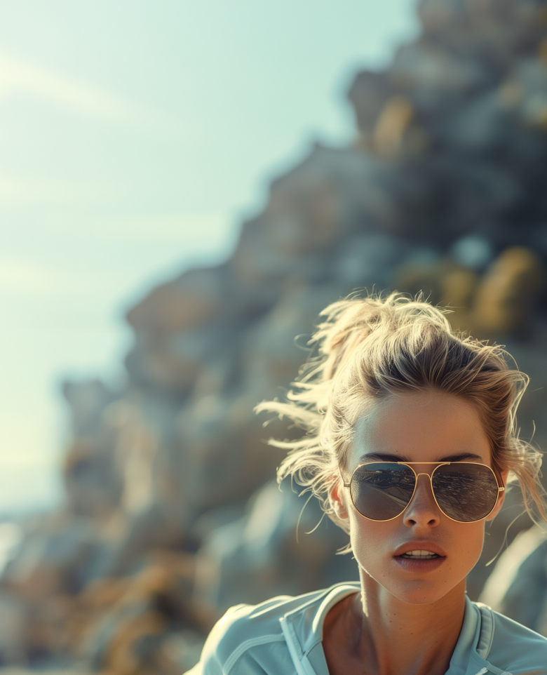 Young woman wearing stylish gold-framed aviator EyeQLenz™ frames, running on a mountainous trail on a sunny day, highlighting suitability for outdoor enthusiasts.