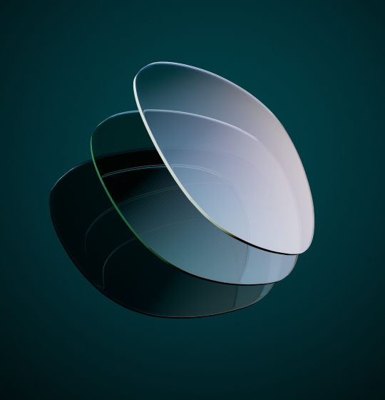 Three overlapping lens layers demonstrating the 3-in-1 protection of Zenni EyeQLenz.