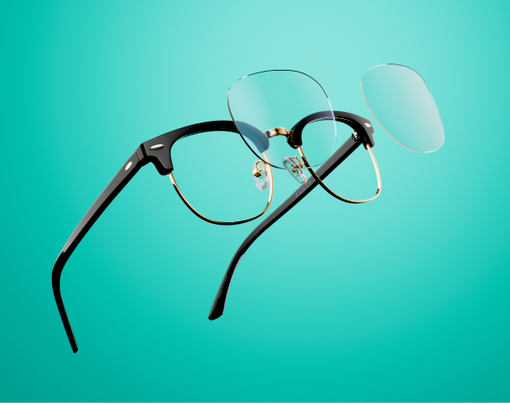 Graphic demonstration of EyeQLenz technology with Zenni frames; illustrating it’s 3-in-1 protection in one lens.