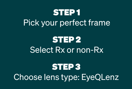 EyeQLenz ordering steps: Step 1: Pick your perfect frame,Step 2: Select Rx or non-Rx,Step 3: Choose lens type: EyeQLenz