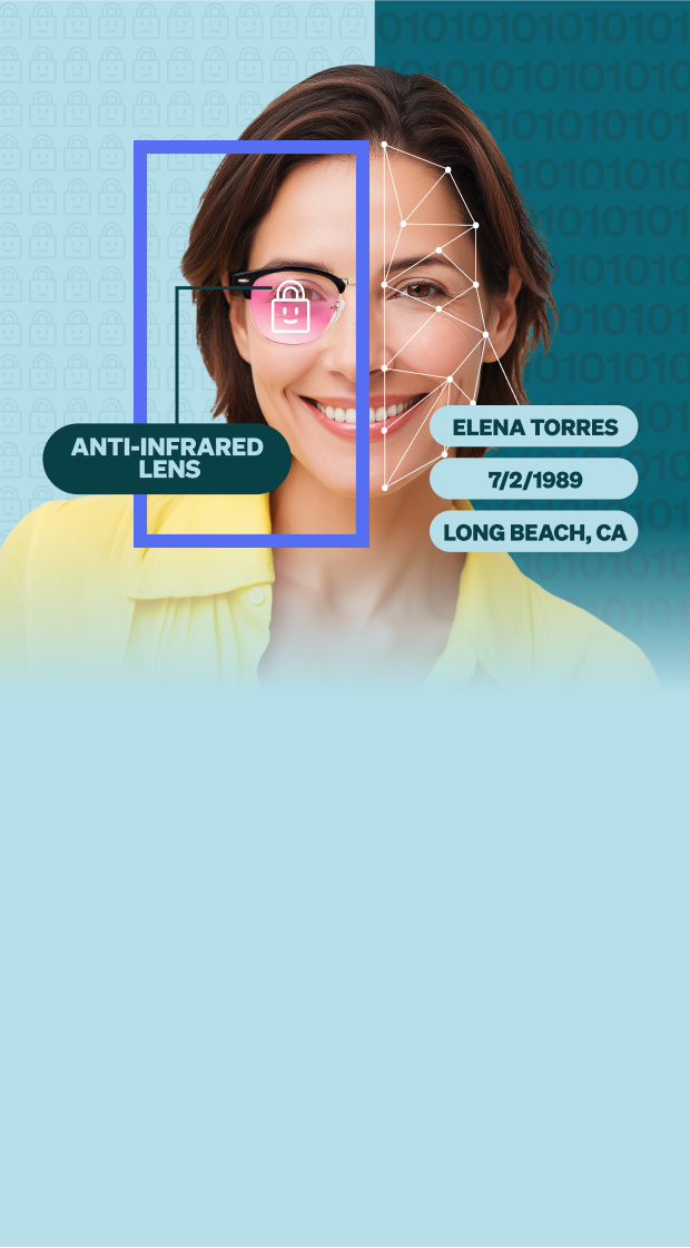 A smiling woman in a yellow shirt is shown with facial recognition lines mapped to her face, a lock icon over her glasses lens, and a label reading ‘ANTI-INFRARED LENS’ against a background split between light blue with lock icons and dark teal with binary code.