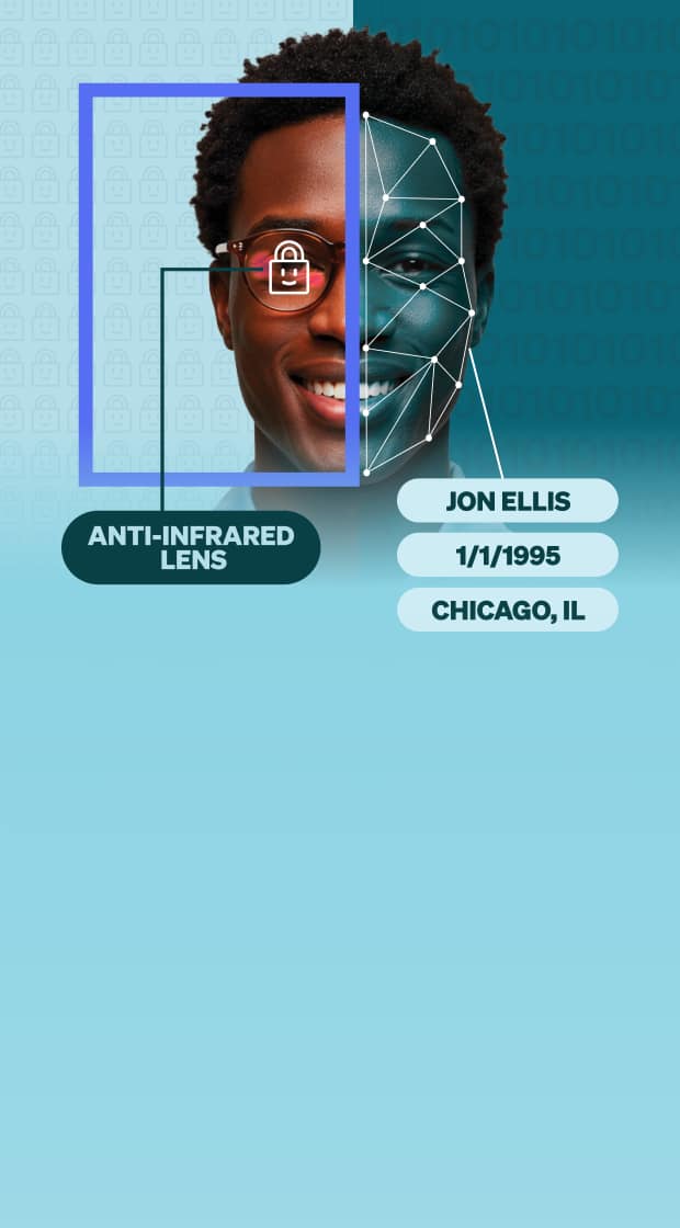 A smiling man wearing glasses with anti-infrared lens, shown with a facial recognition overlay and labeled personal data including name, birthdate, and location.