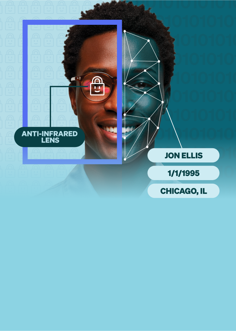 A smiling man wearing glasses with anti-infrared lens, shown with a facial recognition overlay and labeled personal data including name, birthdate, and location.