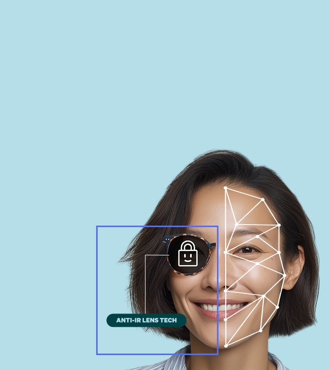 Woman with facial recognition overlay and a label reading 'Anti-IR Lens Tech'.