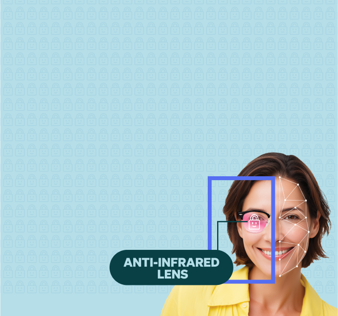 A smiling woman in a yellow shirt is shown with facial recognition lines mapped to her face, a lock icon over her glasses lens, and a label reading ‘ANTI-INFRARED LENS’ against a background split between light blue with lock icons and dark teal with binary code.