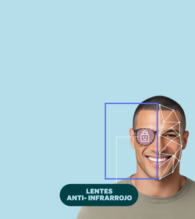 Hombre con superposición de reconocimiento facial y una etiqueta que dice 'Técnico de lentes anti-IR'.