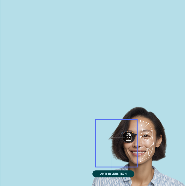 Woman with facial recognition overlay and a label reading 'Anti-IR Lens Tech'.