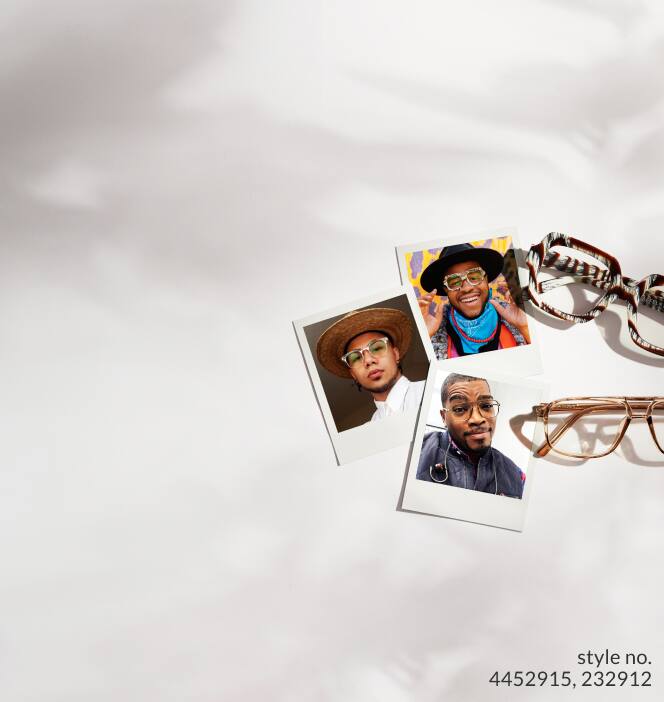 Image of three pairs of Zenni glasses, placed next to three polaroid images of customers wearing the same glasses.