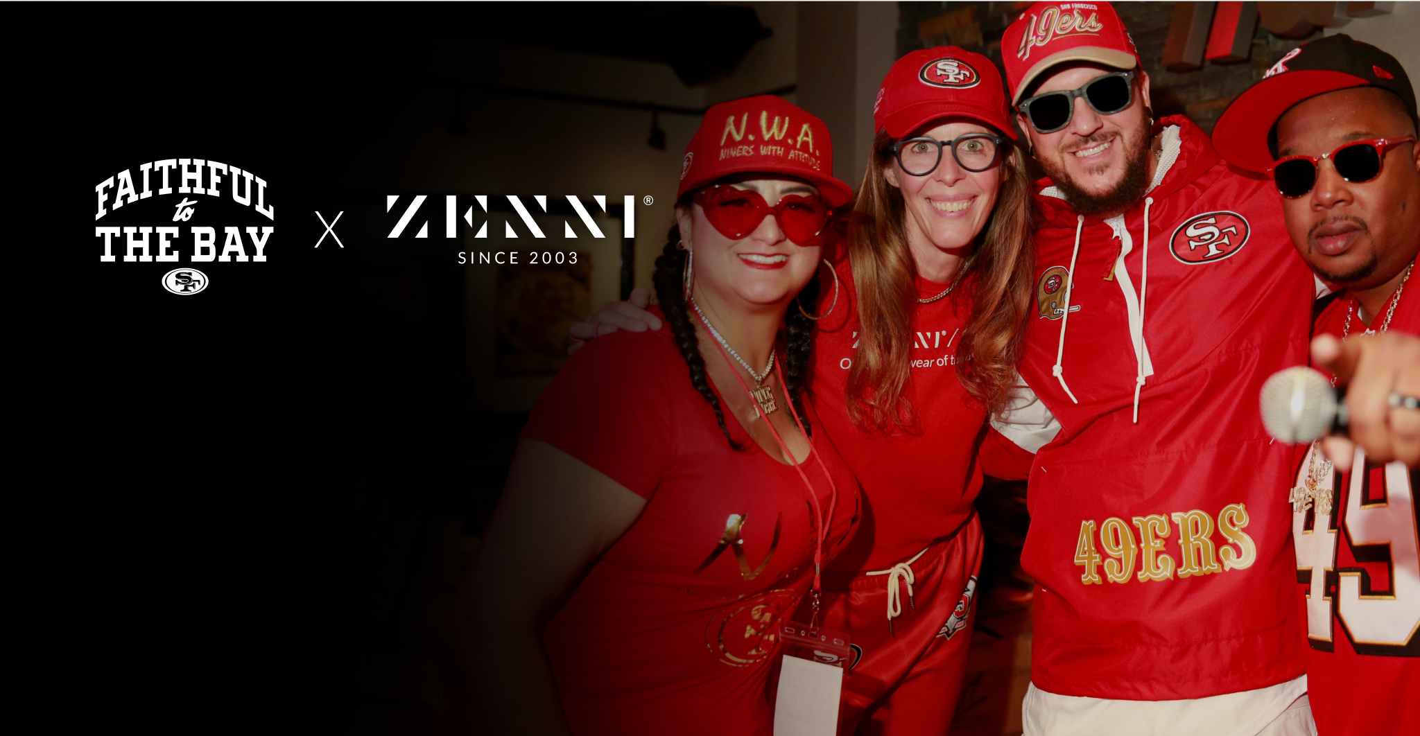 Four 49ers fans wearing Zenni glasses and sunglasses.