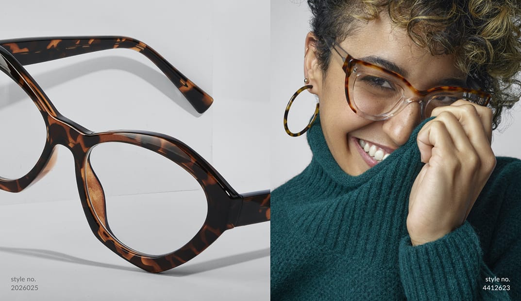 Embrace your wild side with the season’s fiercest trend. Shop animal print. Image of a woman wearing Zenni cat-eye glasses #4412623 against a white background.