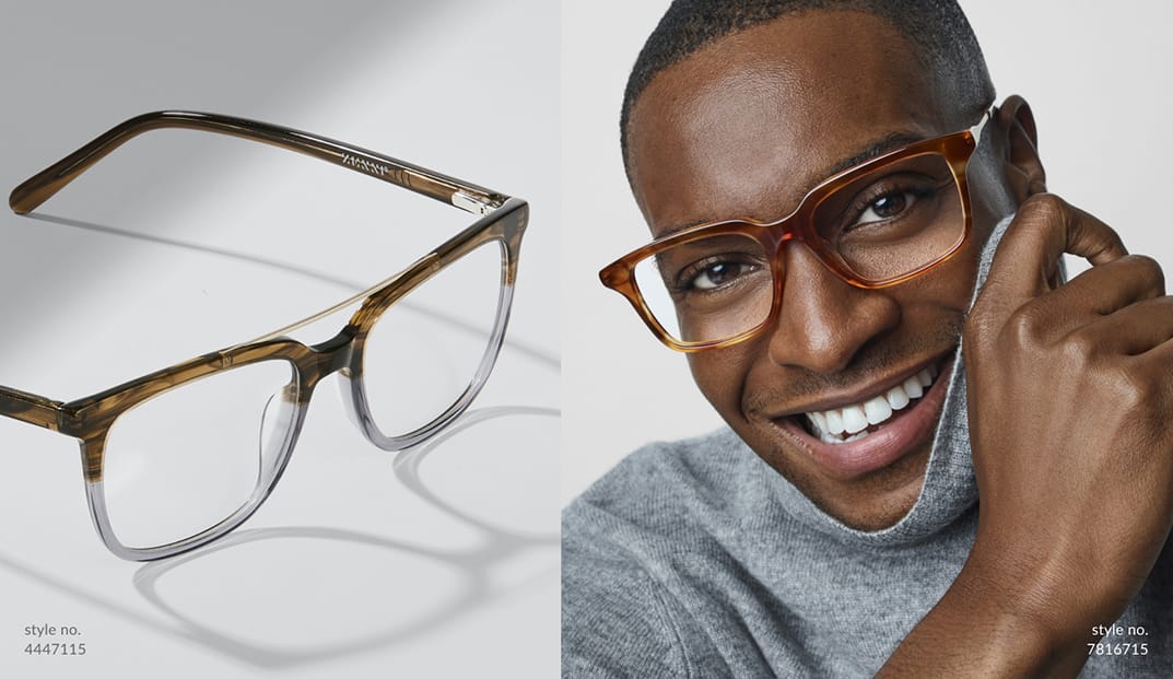 Consider sage and caramel your new fashion neutrals because they go with everything! Shop fall colors. Image of a man wearing Zenni rectangle glasses #7816715 against a white background.