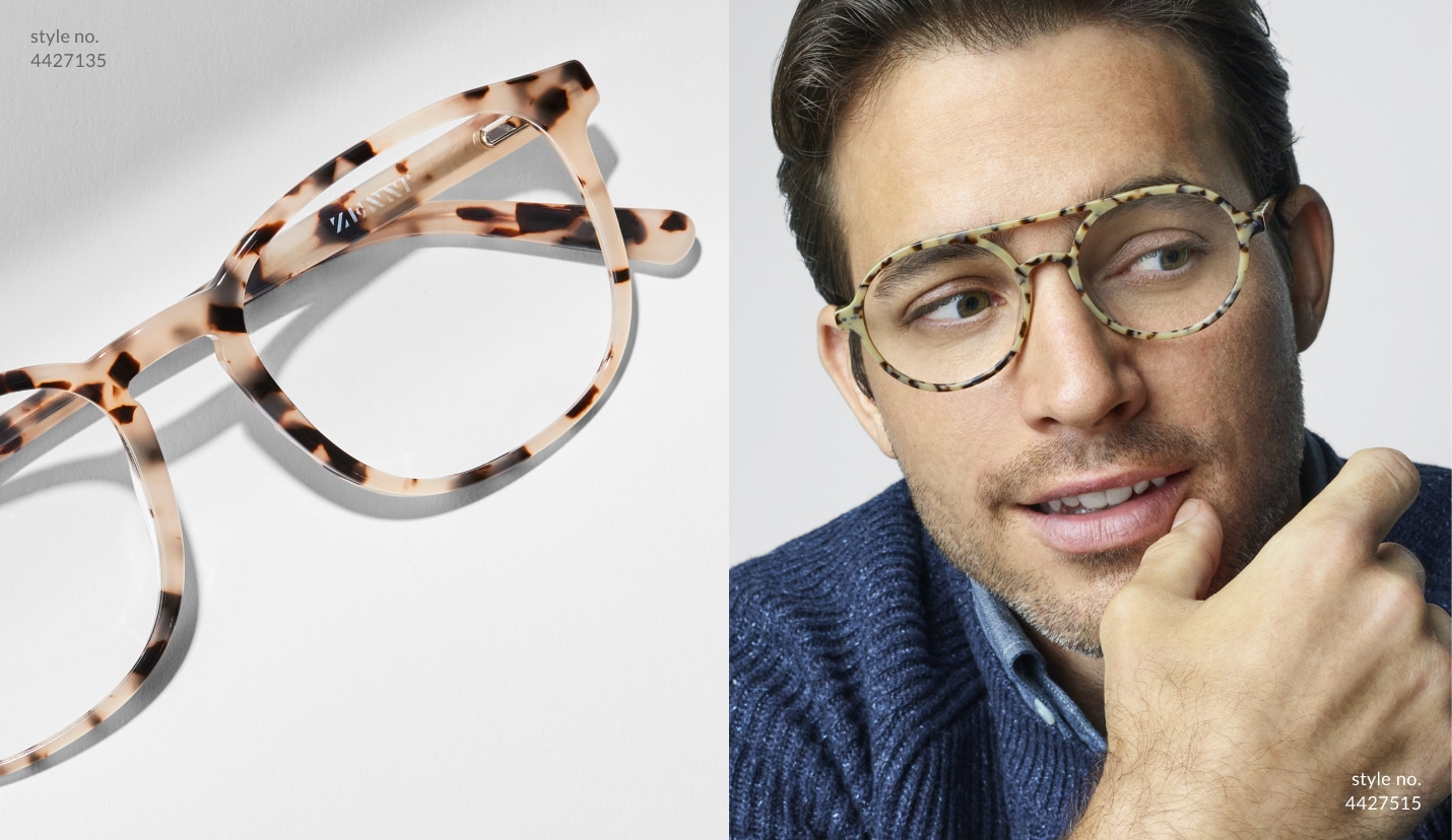 This twist on the classic pattern is still going strong on the fashion front, from accessories to eyewear. Shop ivory tortoiseshell. Image of a man wearing Zenni round glasses #4427515 against a gray background.