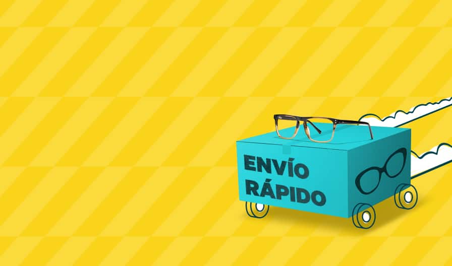 Ilustración de una caja azul sobre ruedas con las palabras 'Rush Shipping' escritas en ella. Un par de lentes está sobre la caja, que avanza a toda velocidad, dejando tras de sí líneas de movimiento.