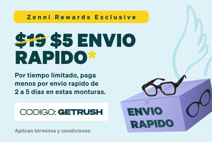 Banner promocional para Zenni Rewards Exclusive que ofrece envío rápido por $5 con el código promocional GETRUSH, mostrando lentes apoyados sobre una caja de envío morada con alas.