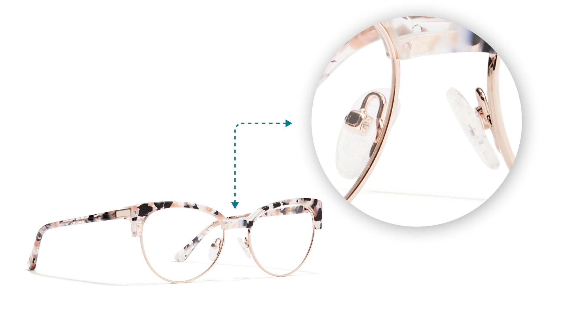 Image of a pair of zenni glasses with adjustable nose pads, next to a zoomed-in image of the nose pads. The images are connected by a dotted line with arrows.